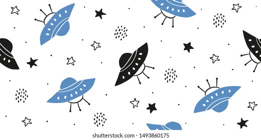 Childish seamless pattern with hand drawn cosmos ufo alien spaceships ad stars on white background. Trendy kids vector background in scandinavian style. 90s geek nerd pattern. - Vector