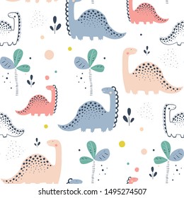 Childish seamless pattern with hand drawn Dino in Scandinavian style. Creative vector childish background for fabric, textile stock illustration