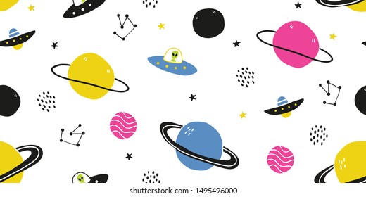 Childish seamless pattern with hand drawn cosmos ufo alien spaceships, planets, satellites, galaxies, contellations. Trendy kids vector background in scandinavian style. 90s geek nerd pattern. Vector