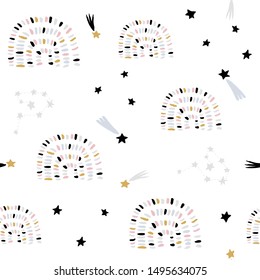 Childish seamless pattern with hand drawn rainbows, stars. Trendy kids vector background.