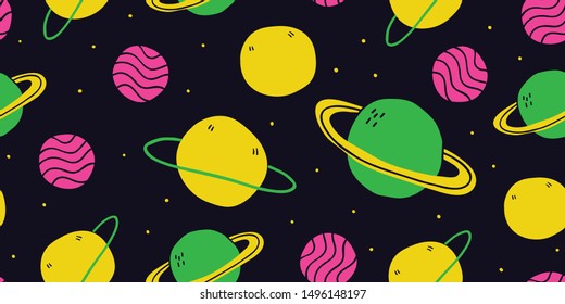 Childish seamless pattern with hand drawn cosmos planets, satellites, galaxies, stars. Trendy kids vector background in scandinavian style. 90s geek nerd pattern. Kids pattern. Vector