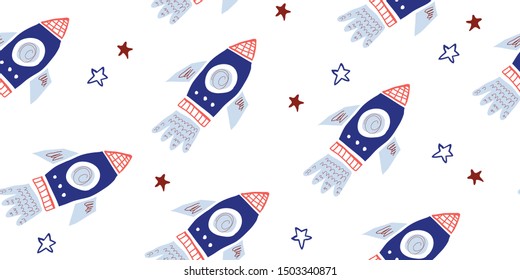 Childish seamless pattern with hand drawn space elements - space, rocket, star. Trendy kids vector background in scandinavian style. Perfect for textile, fabrics for children and boys. - Vector