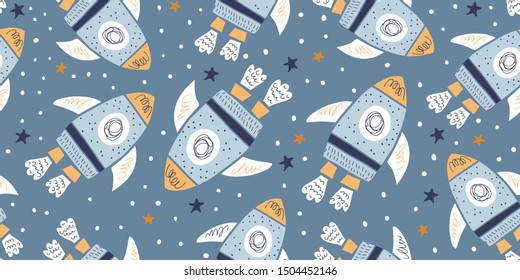 Childish seamless pattern with hand drawn space elements - space, rocket, star. Trendy kids vector background in scandinavian style. Perfect for textile, fabrics for children and boys. - Vector