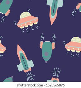 Childish seamless pattern with hand drawn space elements space and spaceship. Creative space texture for fabric, wrapping, textile, wallpaper, apparel. Vector illustration