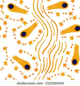 Childish seamless pattern with hand drawn space elements comet. Creative space texture for fabric, wrapping, textile, wallpaper, apparel. Vector illustration