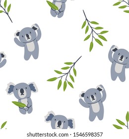 Childish seamless pattern with hand drawn cute koala bear and floral elements. Creative animal texture for fabric, wrapping, textile, wallpaper, apparel. Vector illustration