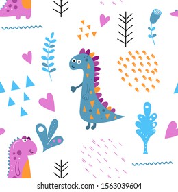 Childish seamless pattern with hand drawn dinosaurs in scandinavian style. Vector Illustration. Kids illustration for nursery design. Dino style trendy for baby clothes, wrapping paper.