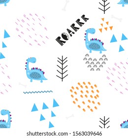 Childish seamless pattern with hand drawn dino in scandinavian style. Vector Illustration. Kids illustration for nursery design. Great for baby clothes, wrapping paper.