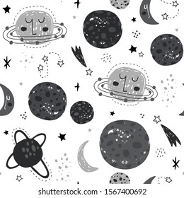 Childish seamless pattern with hand drawn space luna, stars, elements space, planets. Trendy kids vector background.