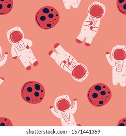 Childish seamless pattern with hand drawn space galaxy, moon, astronaut. creative nursery designs for kids room, fabric, wrapping, wallpaper, textile, apparel. vector illustration