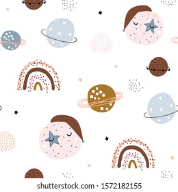 Childish seamless pattern with hand drawn space elements,star, planet, galaxy. Trendy kids vector background.