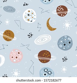 Childish seamless pattern with hand drawn space elements,star, planet, galaxy. Trendy kids vector background.