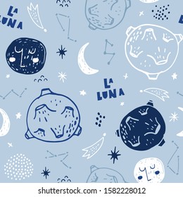 Childish seamless pattern with hand drawn space elements,star, planet, galaxy. Trendy cosmos kids vector background with moons.