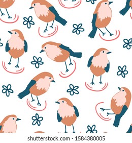 Childish seamless pattern with hand drawn robin bird-songbird. creative nursery designs for kids room, fabric, wrapping, wallpaper, textile, apparel. vector illustration