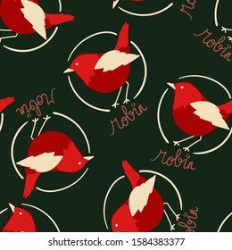 Childish seamless pattern with hand drawn robin bird with text. creative nursery designs for kids room, fabric, wrapping, wallpaper, textile, apparel. vector illustration