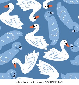 Childish seamless pattern with hand drawn cute swan. Creative animal texture for fabric, wrapping, textile, wallpaper, apparel. Vector illustration