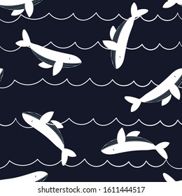 Childish seamless pattern with hand drawn whale. creative nursery designs for kids room, fabric, wrapping, wallpaper, textile, apparel. vector illustration.