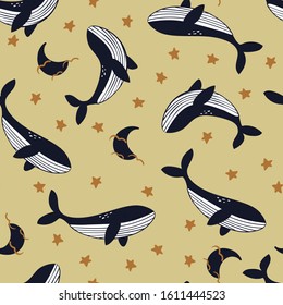 Childish seamless pattern with hand drawn whale. creative nursery designs for kids room, fabric, wrapping, wallpaper, textile, apparel. vector illustration.