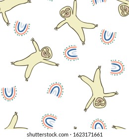 Childish seamless pattern with hand drawn cute sloth. Creative animal texture for fabric, wrapping, textile, wallpaper, apparel. Vector illustration