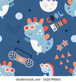 Childish seamless pattern with hand drawn dinosaur in cartoon style. Vector Illustration. Kids illustration for nursery design. Music Dino on blue background great for baby clothes, wrapping paper.