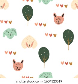 Childish seamless pattern with hand drawn cute dog faces. Creative animal texture for fabric, wrapping, textile, wallpaper, apparel. Vector illustration