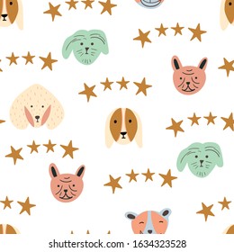Childish seamless pattern with hand drawn cute dog faces. Creative animal texture for fabric, wrapping, textile, wallpaper, apparel. Vector illustration