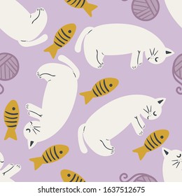Childish seamless pattern with hand drawn cute cats. creative nursery designs for kids room, fabric, wrapping, wallpaper, textile, apparel. vector illustration