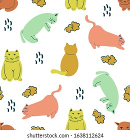 Childish seamless pattern with hand drawn cute cats. Creative animal texture for fabric, wrapping, textile, wallpaper, apparel. Vector illustration