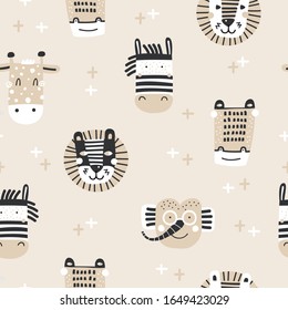 Childish seamless pattern with hand drawn animals. Trendy scandinavian vector background. Vector texture in baby style great for fabric and textile, wallpapers, backgrounds.