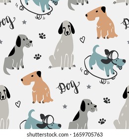 Childish seamless pattern with hand drawn dogs. Trendy scandinavian vector background. Perfect for kids apparel,fabric, textile, nursery decoration,wrapping paper