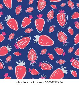 Childish seamless pattern with hand drawn strawberries on blue backdrop. Surface design vector illustration great for restaurants, bakeries, textiles, home decor, paper and wrapping use.