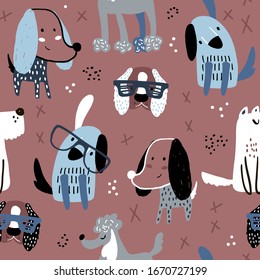 Childish seamless pattern with hand drawn dogs. Trendy scandinavian vector background. Perfect for kids apparel,fabric, textile, nursery decoration,wrapping paper