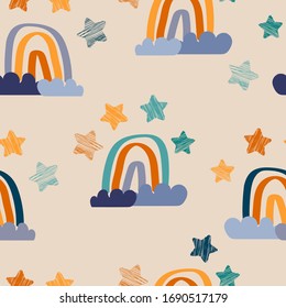 Patrón infantil sin fisuras con arcos dibujados a mano, nubes y estrellas. Fondo infantil de moda, vector. Buena relación calidad-precio, papel pintado, decoración superficial, productos para bebés y mucho más