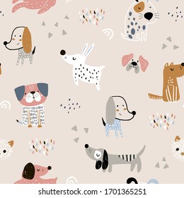 Childish seamless pattern with hand drawn dogs. Trendy scandinavian vector background. Perfect for kids apparel,fabric, textile, nursery decoration,wrapping paper