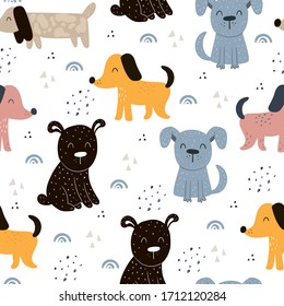 Childish seamless pattern with hand drawn dogs. Trendy scandinavian vector background. Perfect for kids apparel,fabric, textile, nursery decoration,wrapping paper