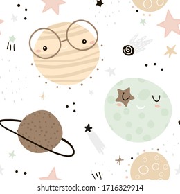Patrón chileno sin fisuras con elementos espaciales dibujados a mano, estrella, planeta, galaxia. Fondo vectorial infantil de moda.