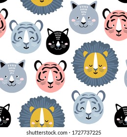 Childish seamless pattern with hand drawn lions, tigers and cats. Creative kids for fabric, wrapping, textile, wallpaper, apparel. Vector illustration