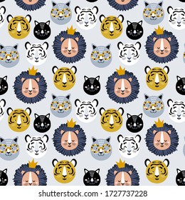 Childish seamless pattern with hand drawn lions, tigers and cats. Creative kids for fabric, wrapping, textile, wallpaper, apparel. Vector illustration