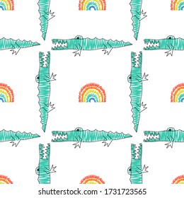 Childish seamless pattern with hand drawn crocodiles and rainbows. Animals of the jungle. For fabric, textiles and other surfaces. Creative vector background