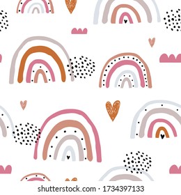 Childish seamless pattern with hand drawn rainbow and and hearts. Trendy kids vector background.