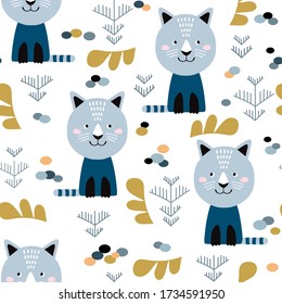 Childish seamless pattern with hand drawn cats. Creative kids for fabric, wrapping, textile, wallpaper, apparel. Vector illustration