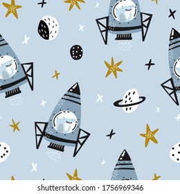 Childish seamless pattern with hand drawn space elements, rocket, star, planet. Dinosaur in space. Trendy kids vector background.