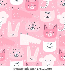 Childish seamless pattern with hand drawn animals. Creative childish texture for fabric, wrapping, textile, wallpaper, apparel. Pink background. Vector illustration.