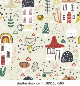 Childish seamless pattern with hand drawn mushrooms, houses and cute animals. Creative vector background for fabric, textile, nursery wallpaper. Forest background.