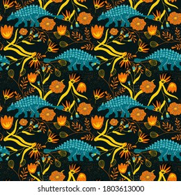 Childish Seamless Pattern with Hand Drawn Dinosaur in Scandinavian Style in Vector. Creative Background for Textile with Prehistoric Monster