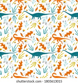 Childish Seamless Pattern with Hand Drawn Dinosaur in Scandinavian Style in Vector. Creative Background for Textile with Prehistoric Monster