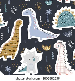 Childish seamless pattern with hand drawn funny dinosaurs. Creative vector childish background for fabric, textile