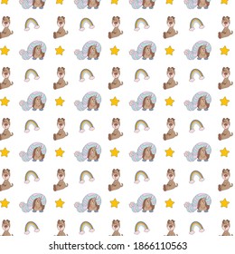 Childish seamless pattern with hand drawn dog and hedgehog in a hat. Trendy scandinavian vector background. Perfect for baby clothes, fabric, textile, baby decoration, wrapping paper