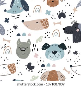 Patrón infantil sin costuras con perros dibujados a mano. fondo de vectores escandinavos de moda. Perfecto para prendas de vestir, tela, textil, decoración de vivero, papel envolvente