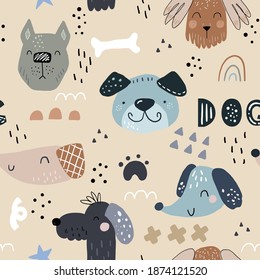 Childish seamless pattern with hand drawn dogs. Trendy scandinavian vector background. Perfect for kids apparel,fabric, textile, nursery decoration,wrapping paper